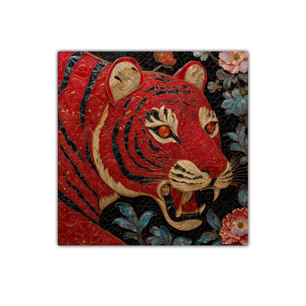 Imponente tigre rojo entre flores cálidas y azules — imagen principal