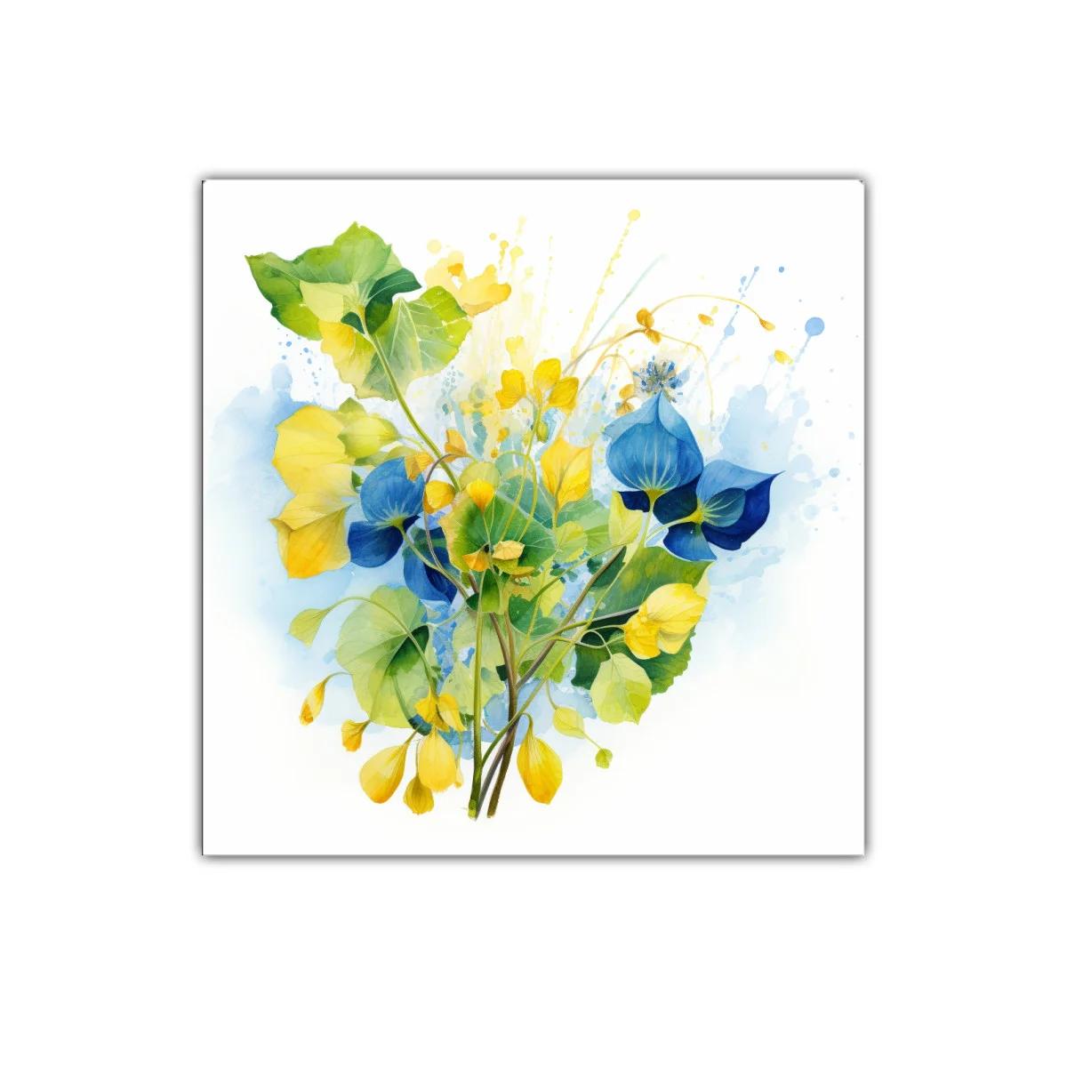 Composición floral en tonos azules y amarillos vibrantes