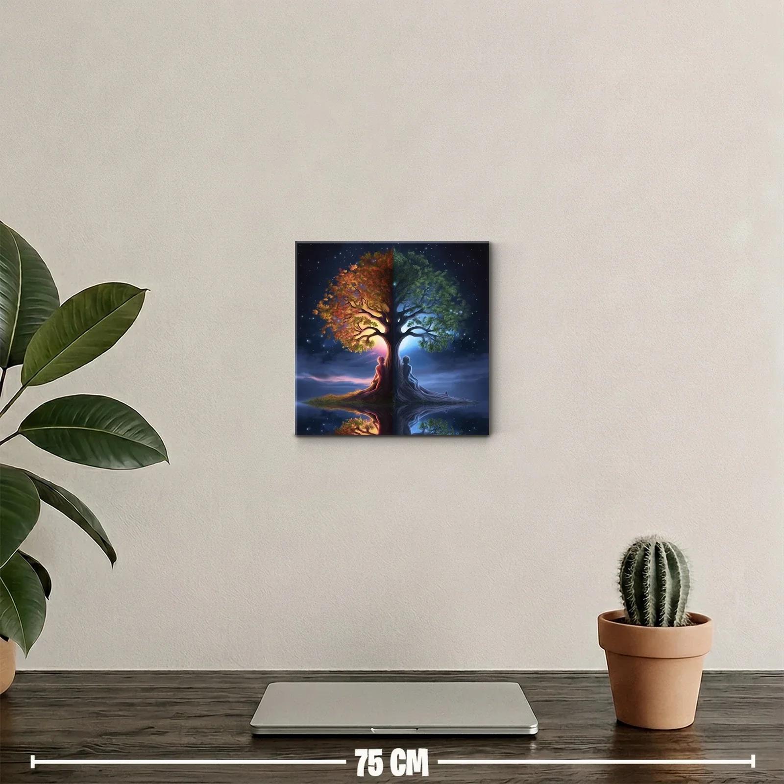 Cuadro árbol dual con figuras humanas y contraste día noche — miniatura 2