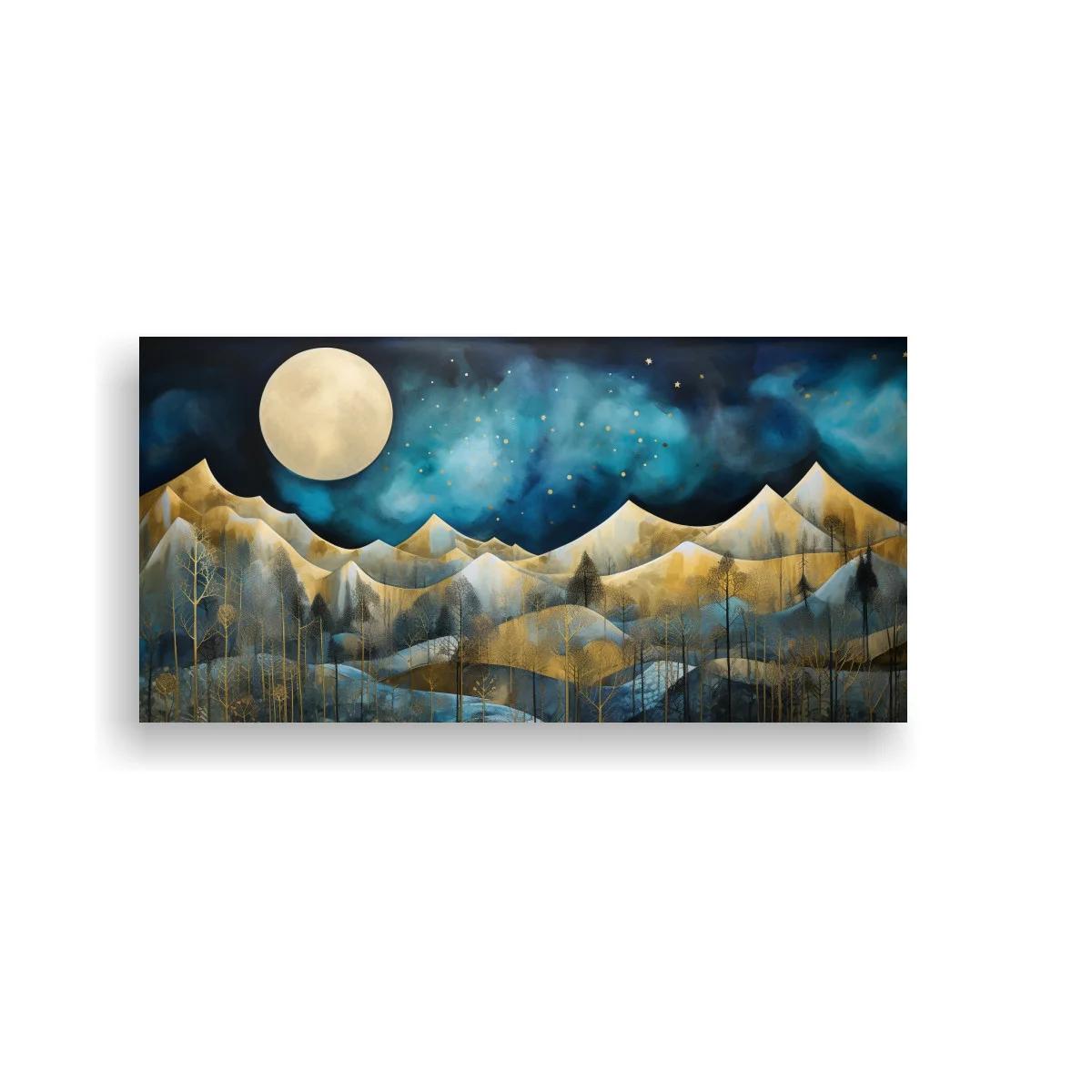 Cuadro paisaje de montañas con luna llena y árboles verticales