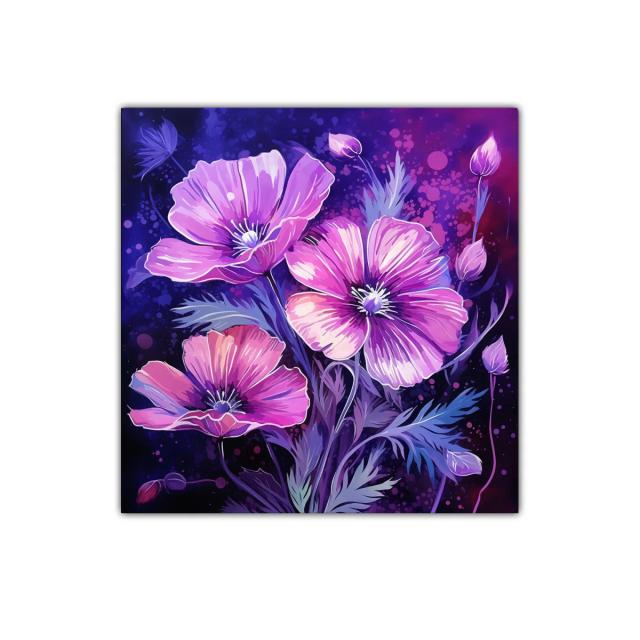 Cuadro floral vibrante con tonos púrpura y rosa