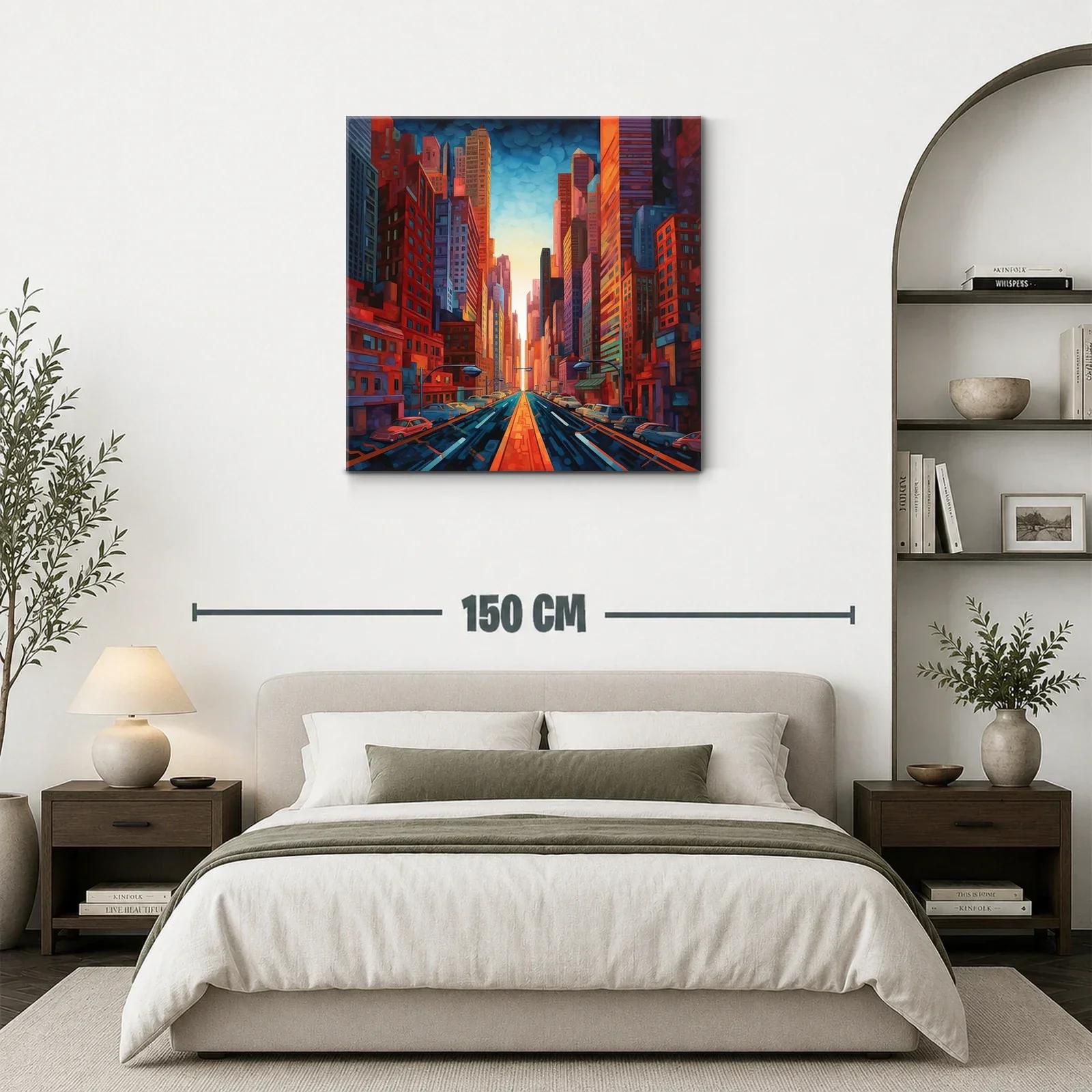 Cuadro urbano con arquitectura vibrante y luz cálida al atardecer — miniatura 3