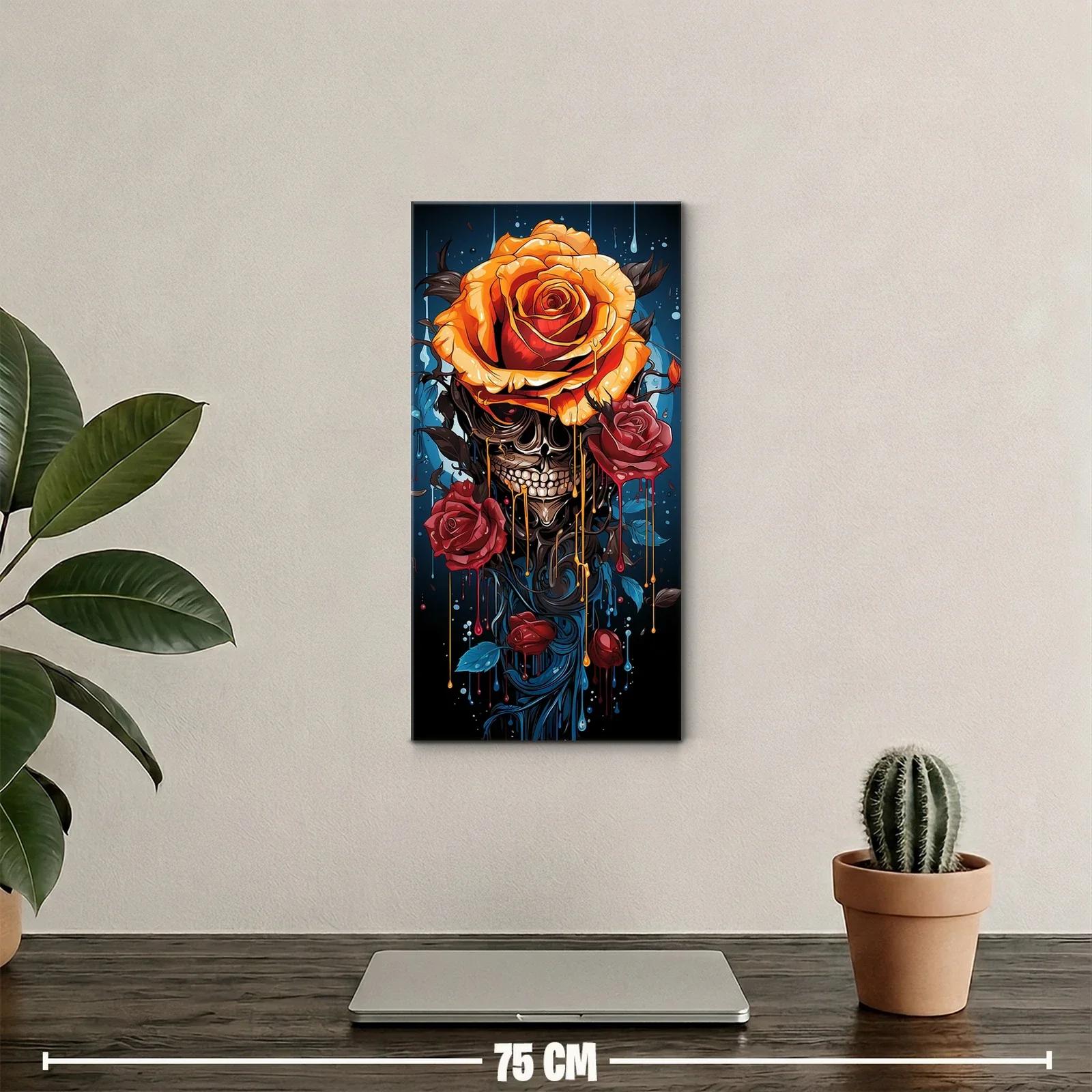 Cuadro calavera con rosa naranja y rosas rojas — miniatura 2