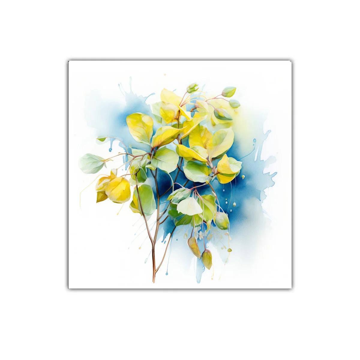 Cuadro decorativo con rama y hojas en tonos verdes y amarillos — imagen principal