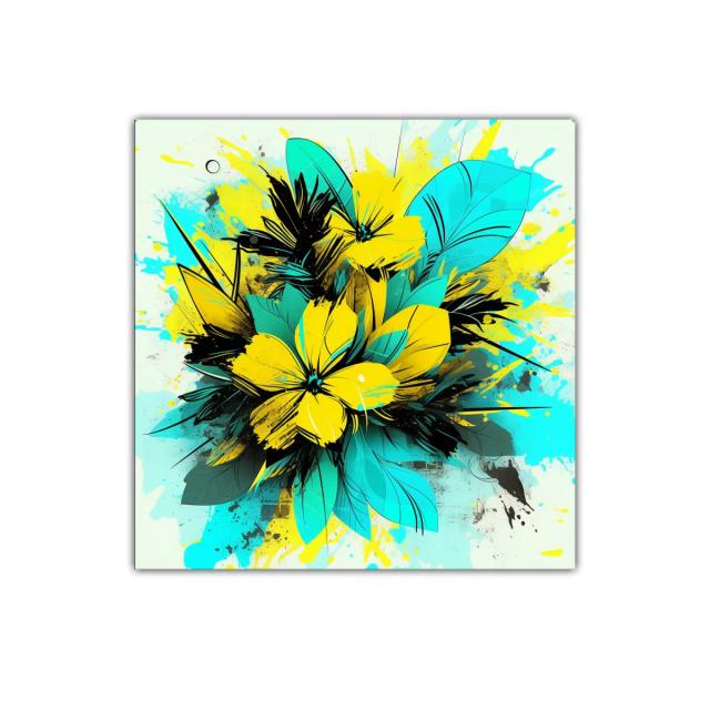 Composición de flores vibrantes en tonos turquesa y amarillo
