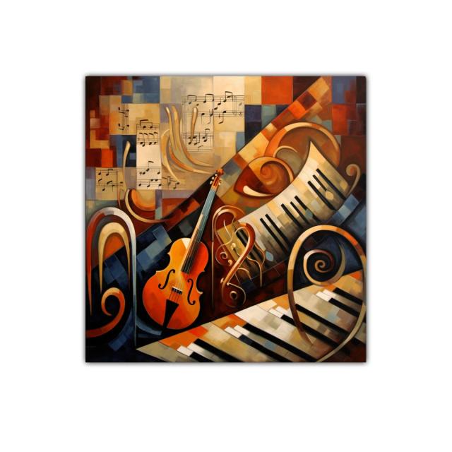 Cuadro con motivos musicales en tonos cálidos