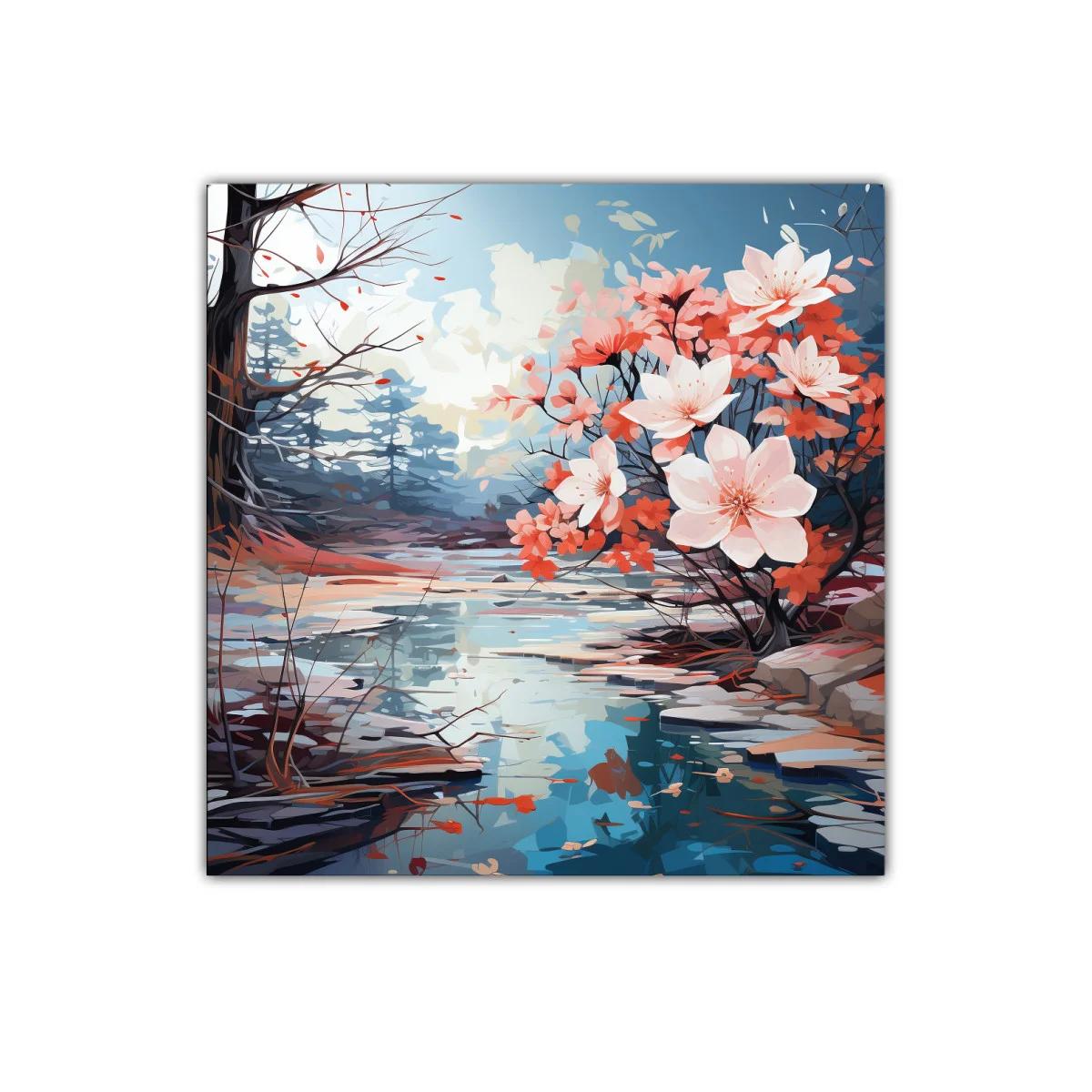 Reflejos de primavera con flores y río sereno — imagen principal