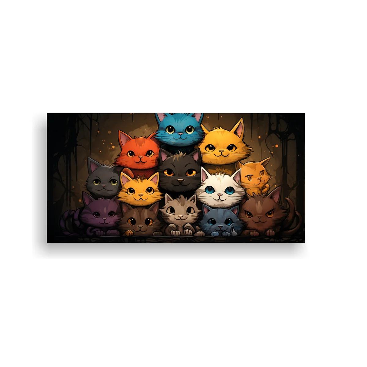 Cuadro grupo de gatos de colores con ramas finas
