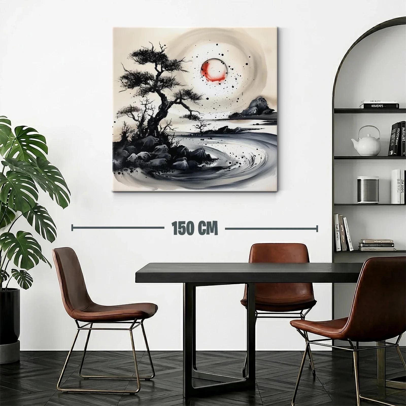 Paisaje onírico con árboles y luna roja en tinta china — miniatura 2