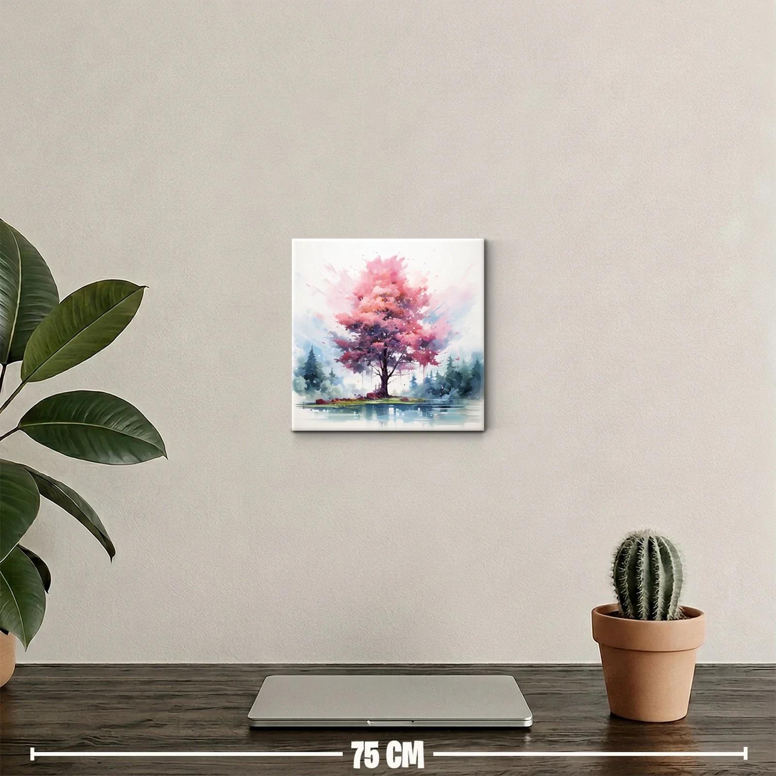 Árbol rosa vibrante junto a lago en paisaje sereno — miniatura 2