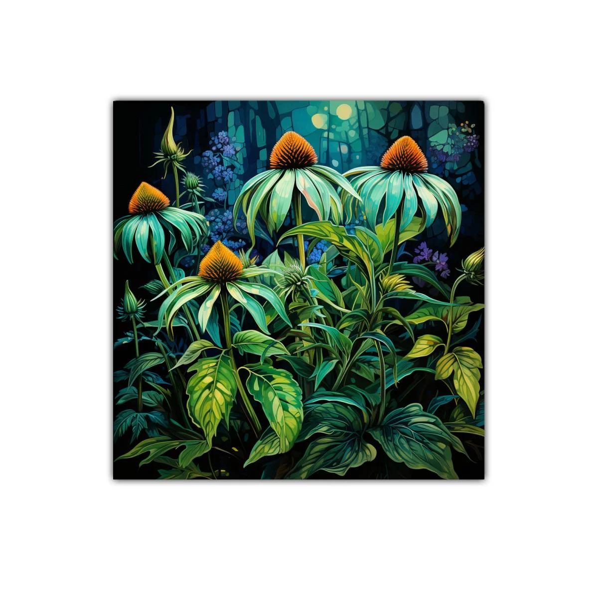 Cuadro decorativo con flores iluminadas en tonos verdes y naranjas