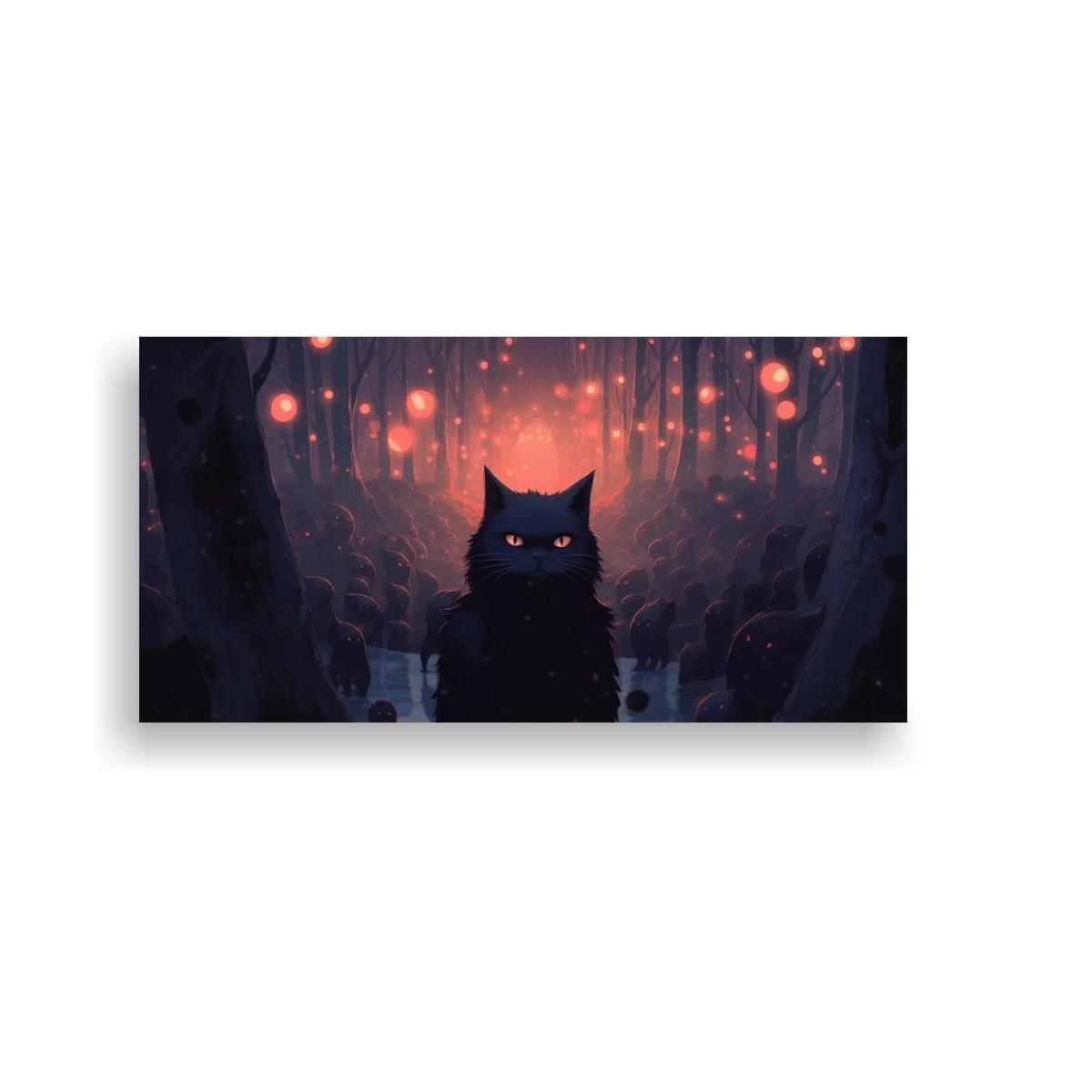 Cuadro gato negro de ojos brillantes en bosque brumoso