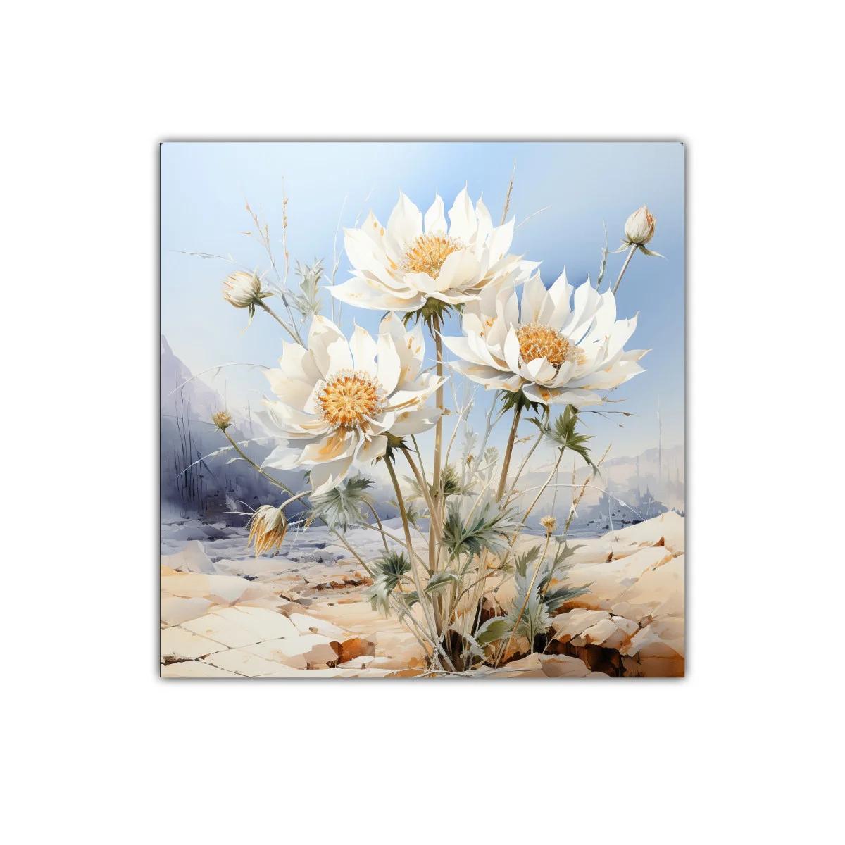 Flores blancas destacando en paisaje árido y sereno — imagen principal