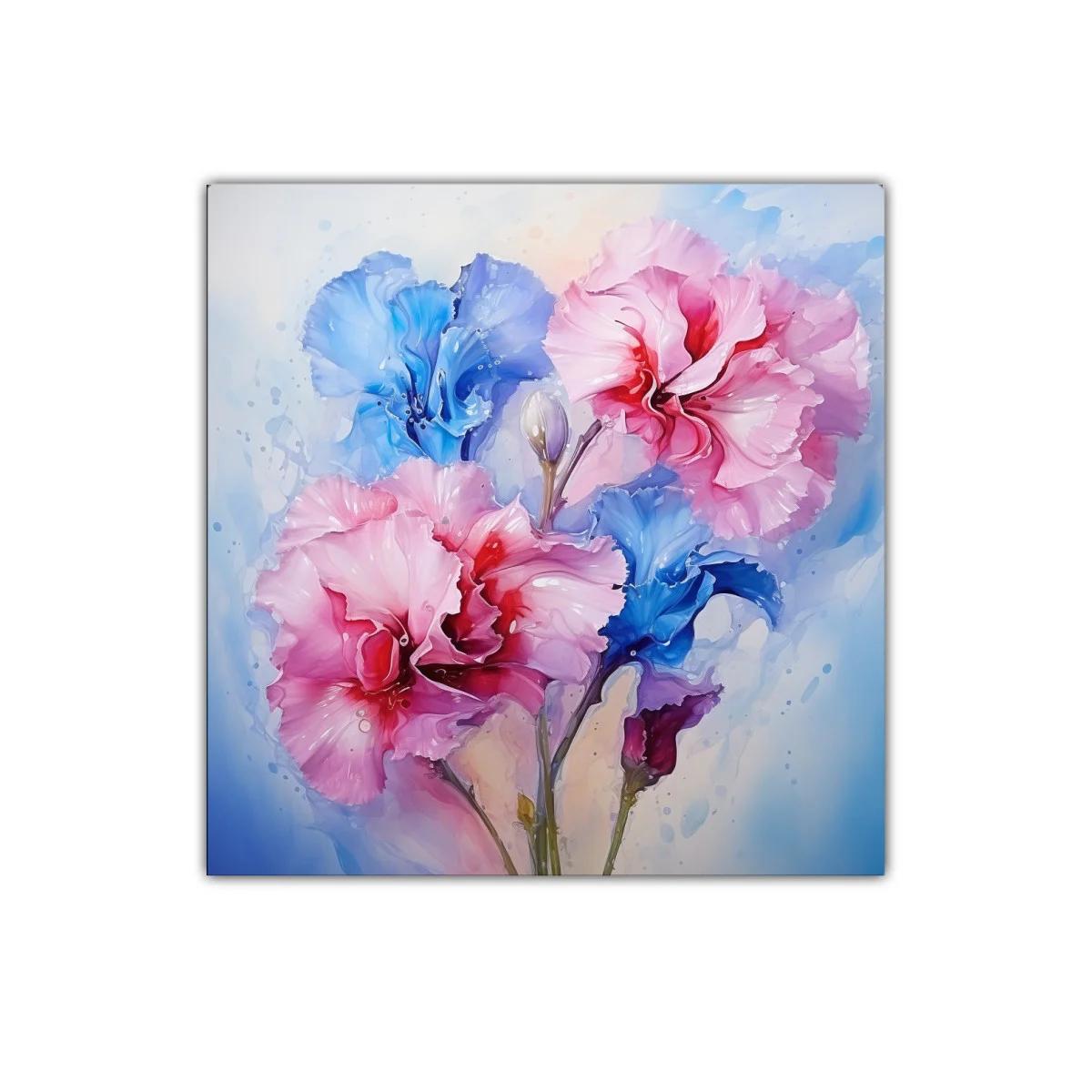 Cuadro decorativo con flores en tonos rosas y azules vibrantes