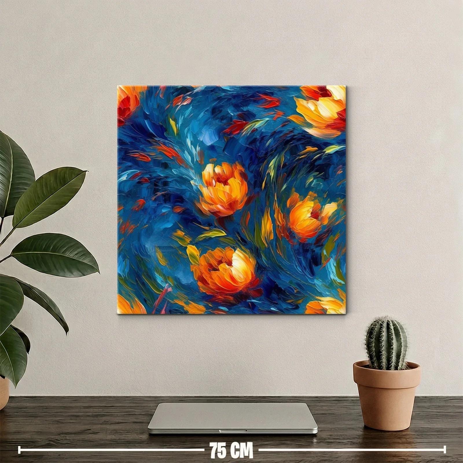 Cuadro vibrante con flores cálidas sobre fondo azul intenso — miniatura 2