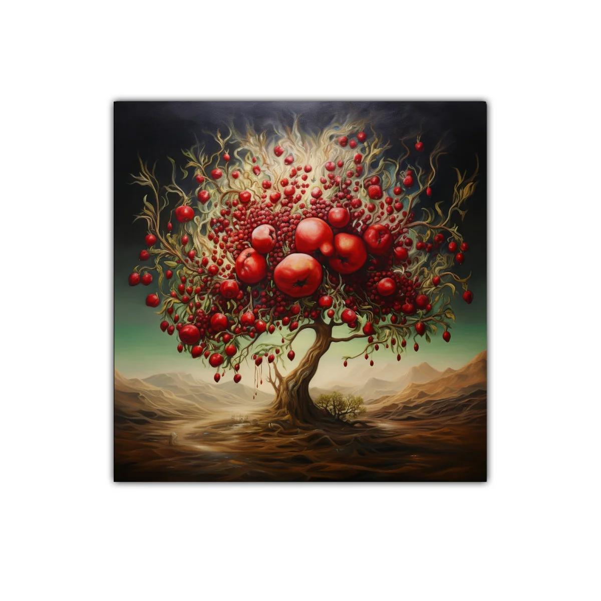 Árbol surrealista con frutos rojos y ambiente onírico