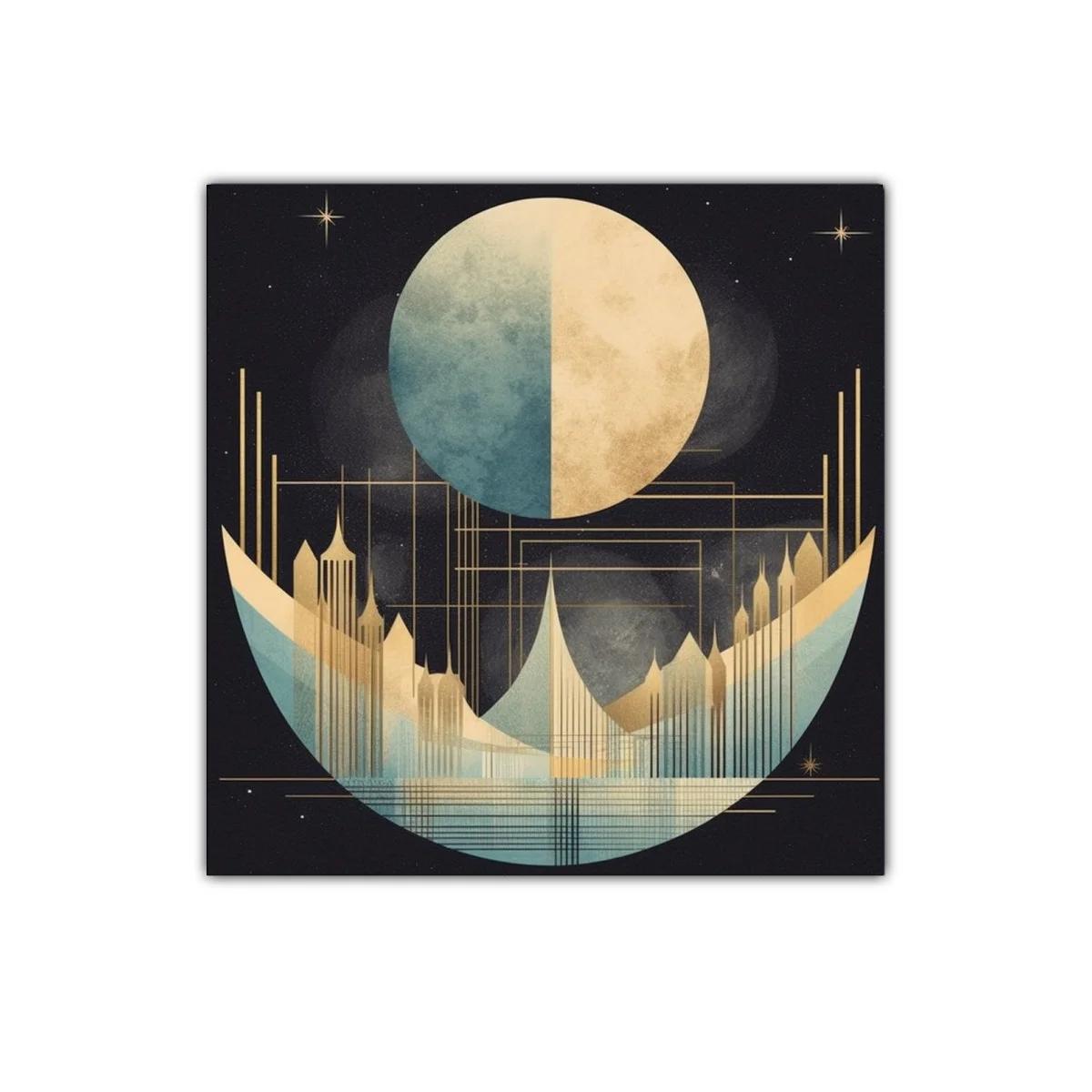 Cuadro abstracto con luna y ciudad futurista en tonos dorados — miniatura 1