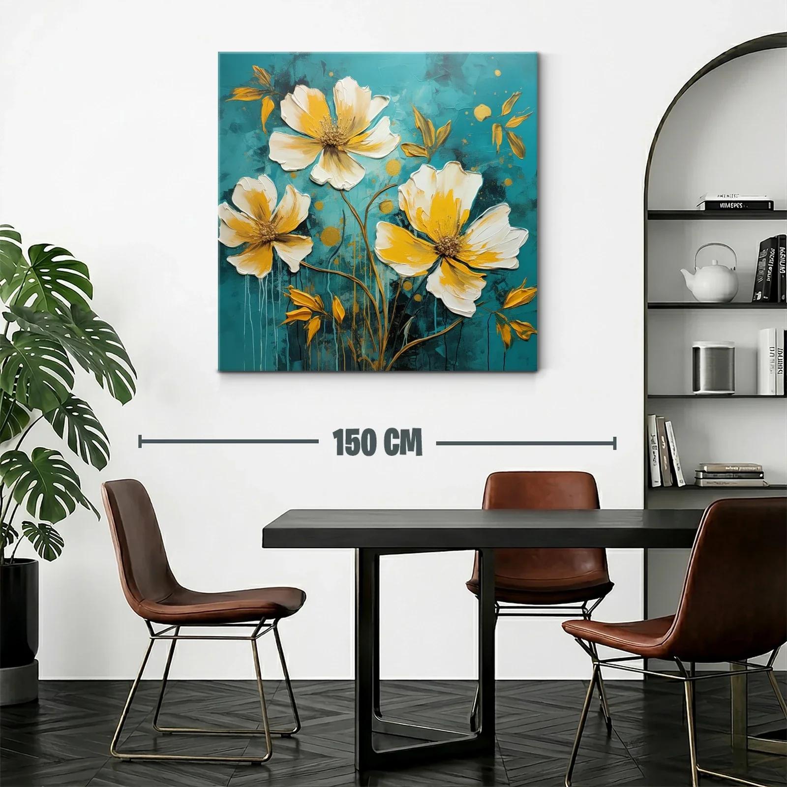 Cuadro floral moderno en tonos cálidos y fondo azul profundo — miniatura 2