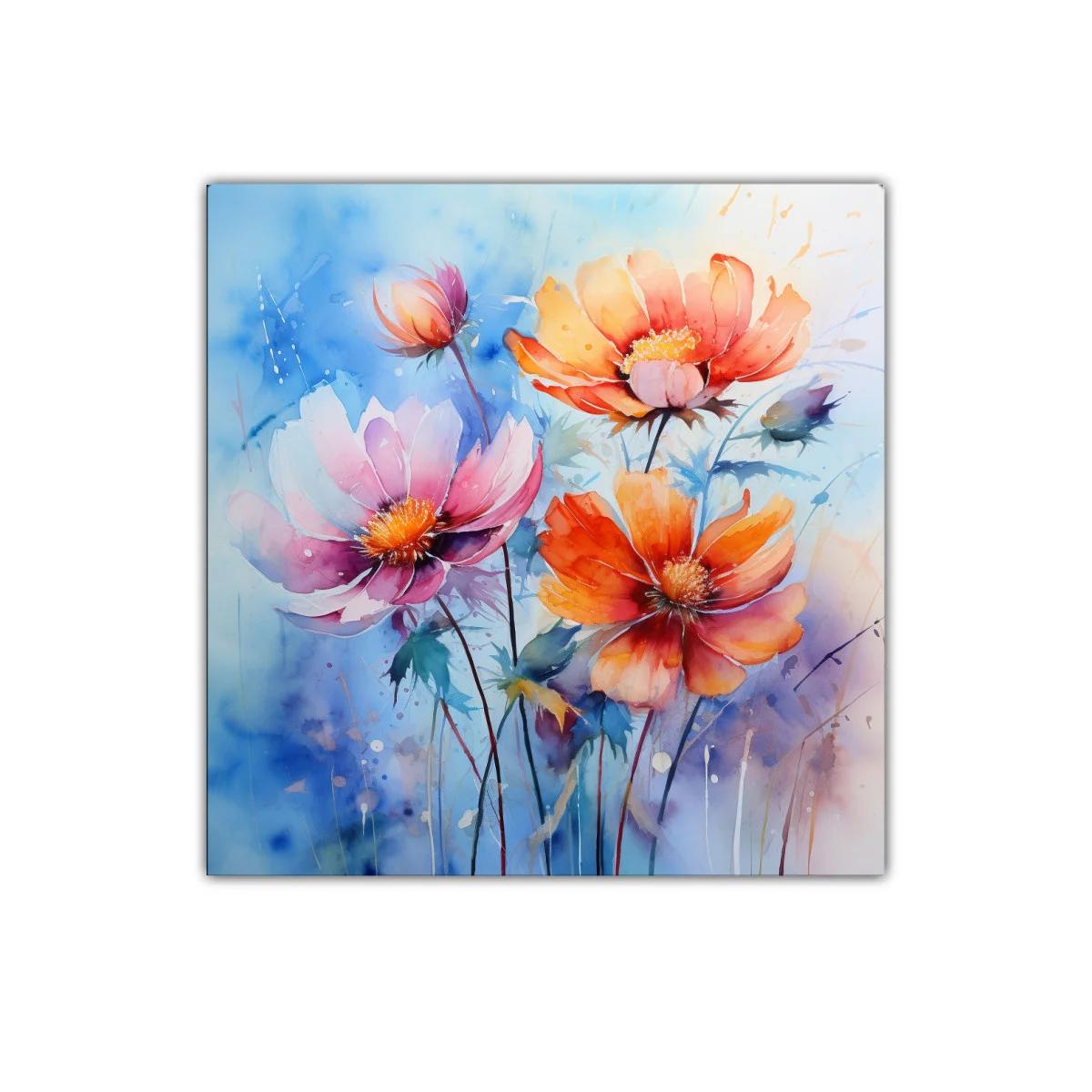 Vibrantes flores silvestres con tonos cálidos y fondo azul — imagen principal