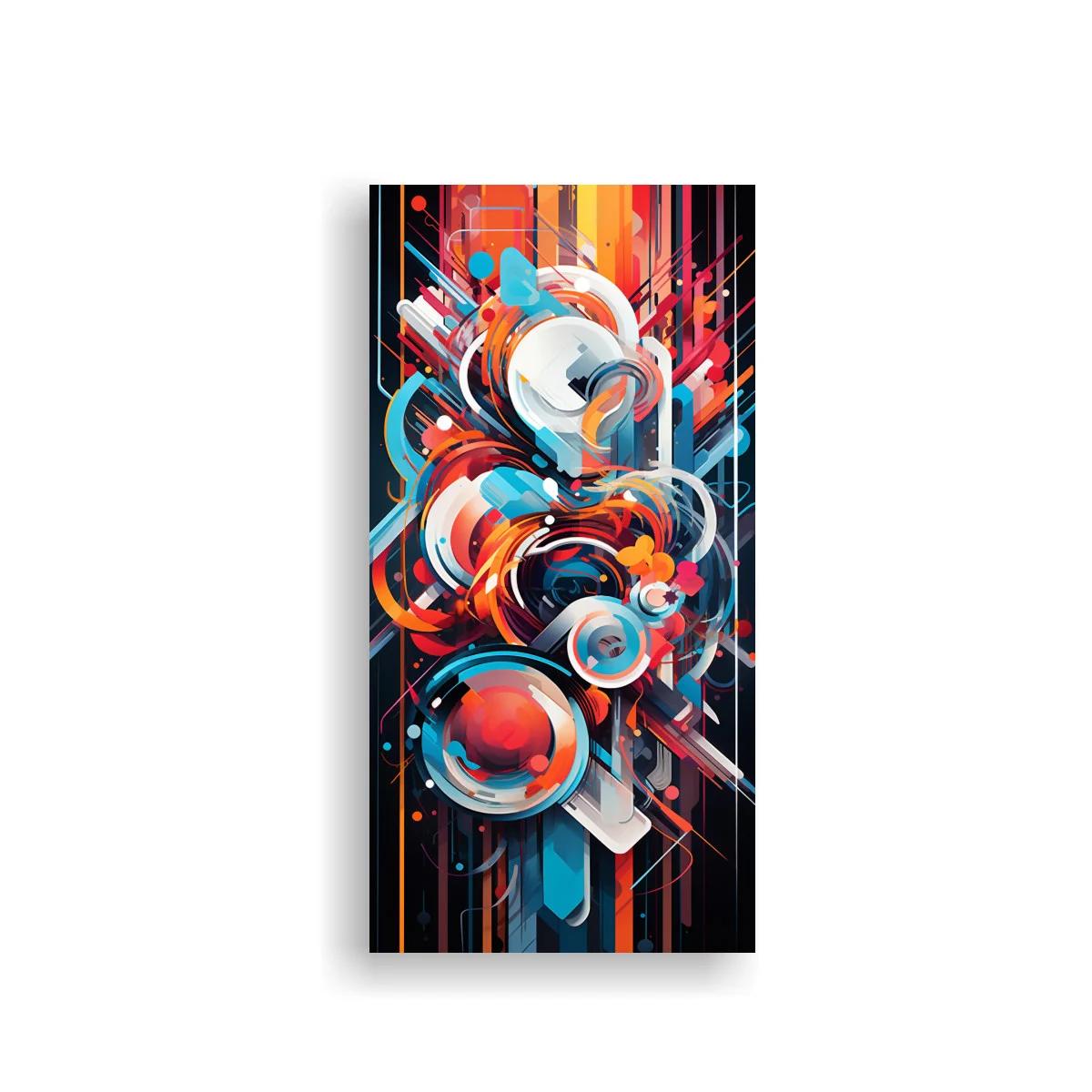 Cuadro abstracto de círculos brillantes y trazos mecánicos