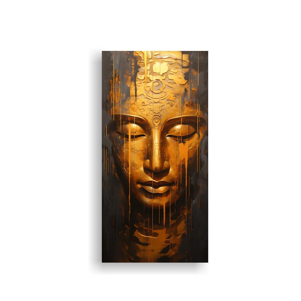 Cuadro rostro de Buda dorado con relieves y goteos verticales