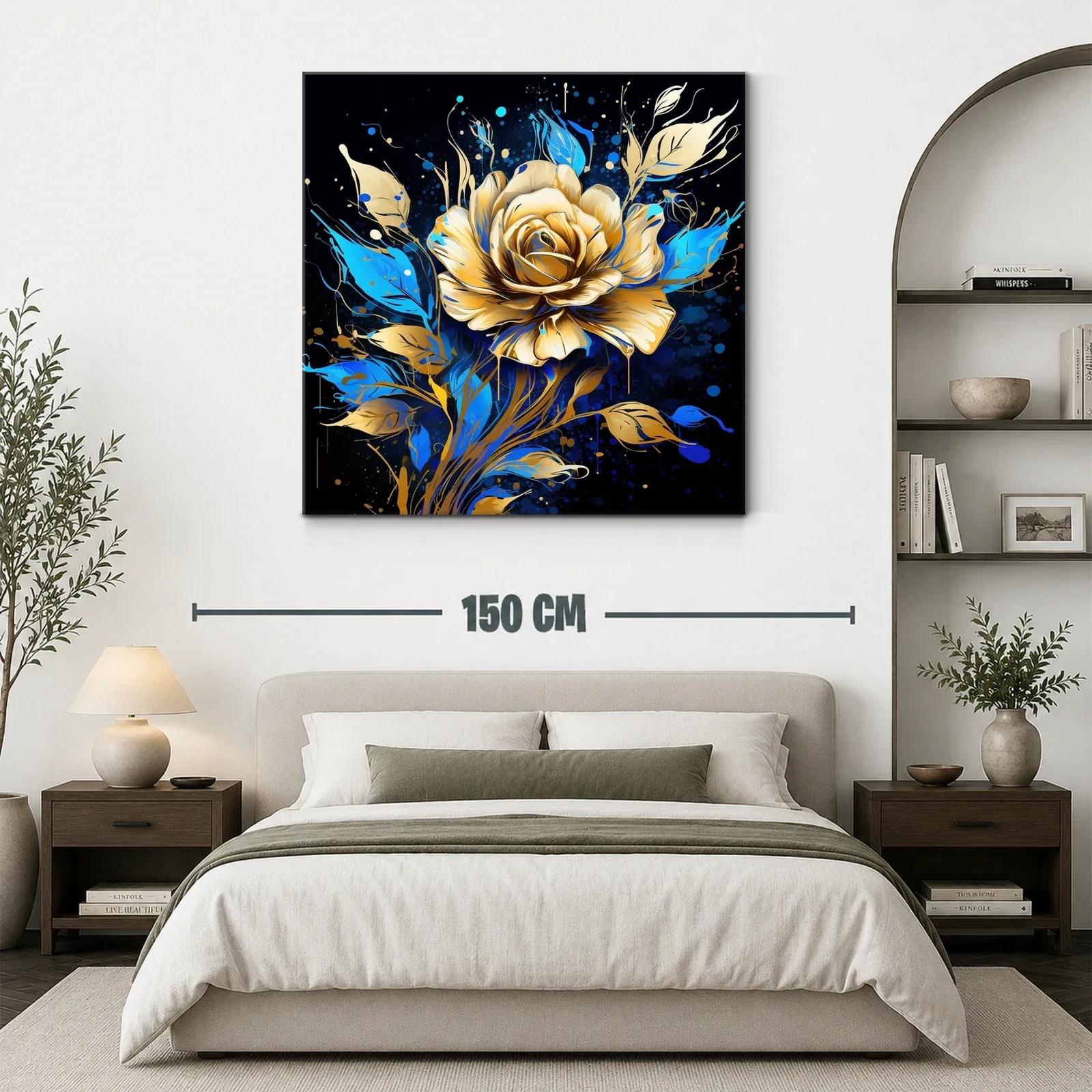 Rosa dorada con hojas azules sobre fondo oscuro — miniatura 3