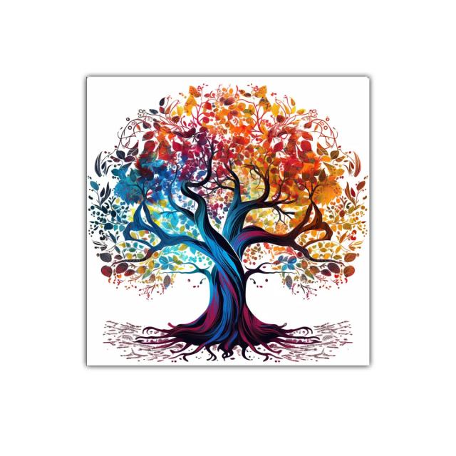 Árbol colorido con ramas entrelazadas y hojas vibrantes