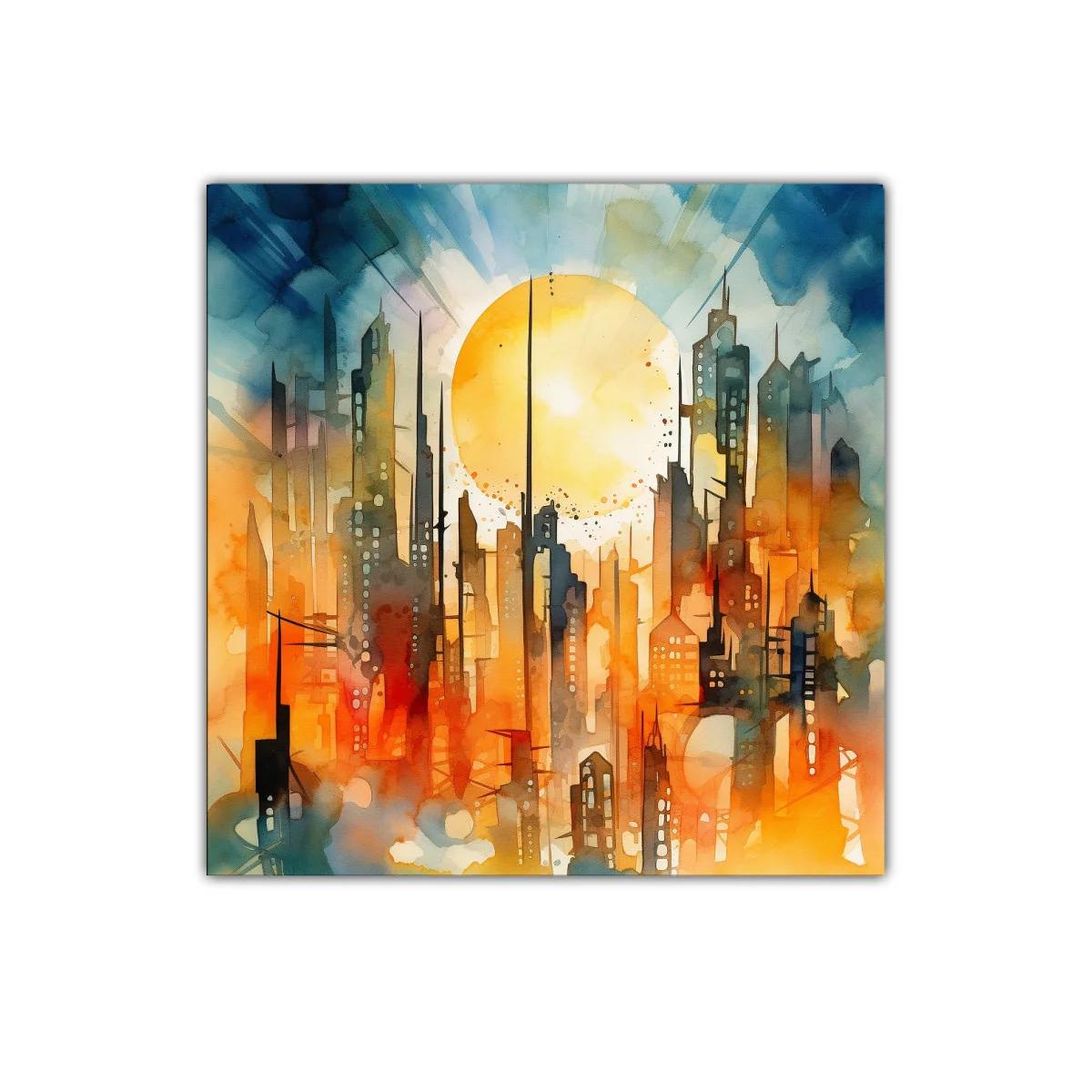 Ciudad futurista iluminada por un sol radiante en tonos cálidos — imagen principal