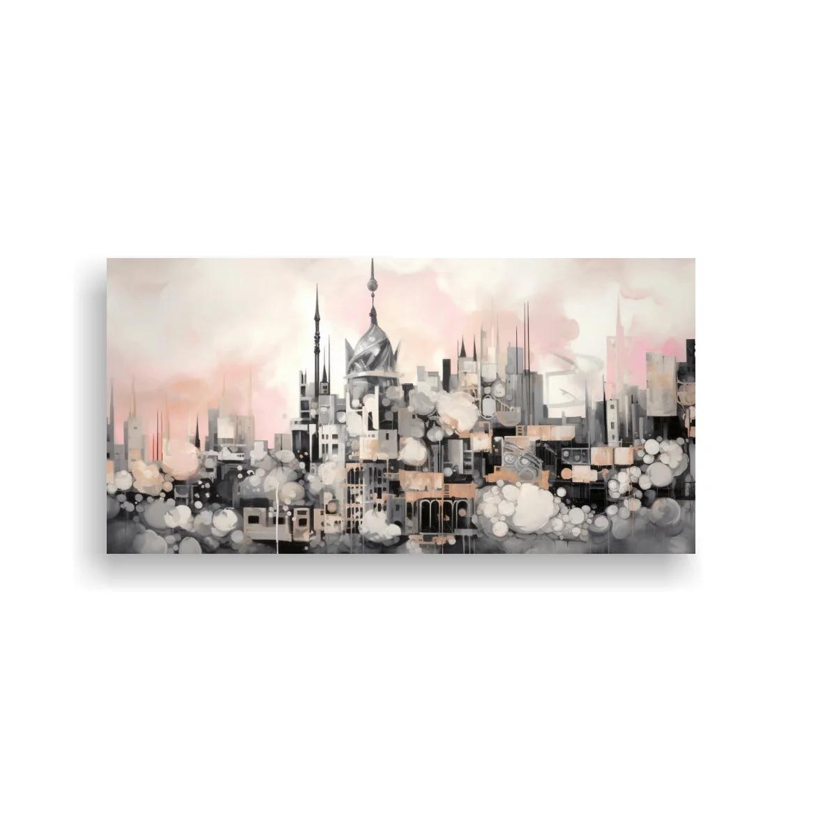 Cuadro skyline urbano con niebla y efecto bokeh — imagen principal