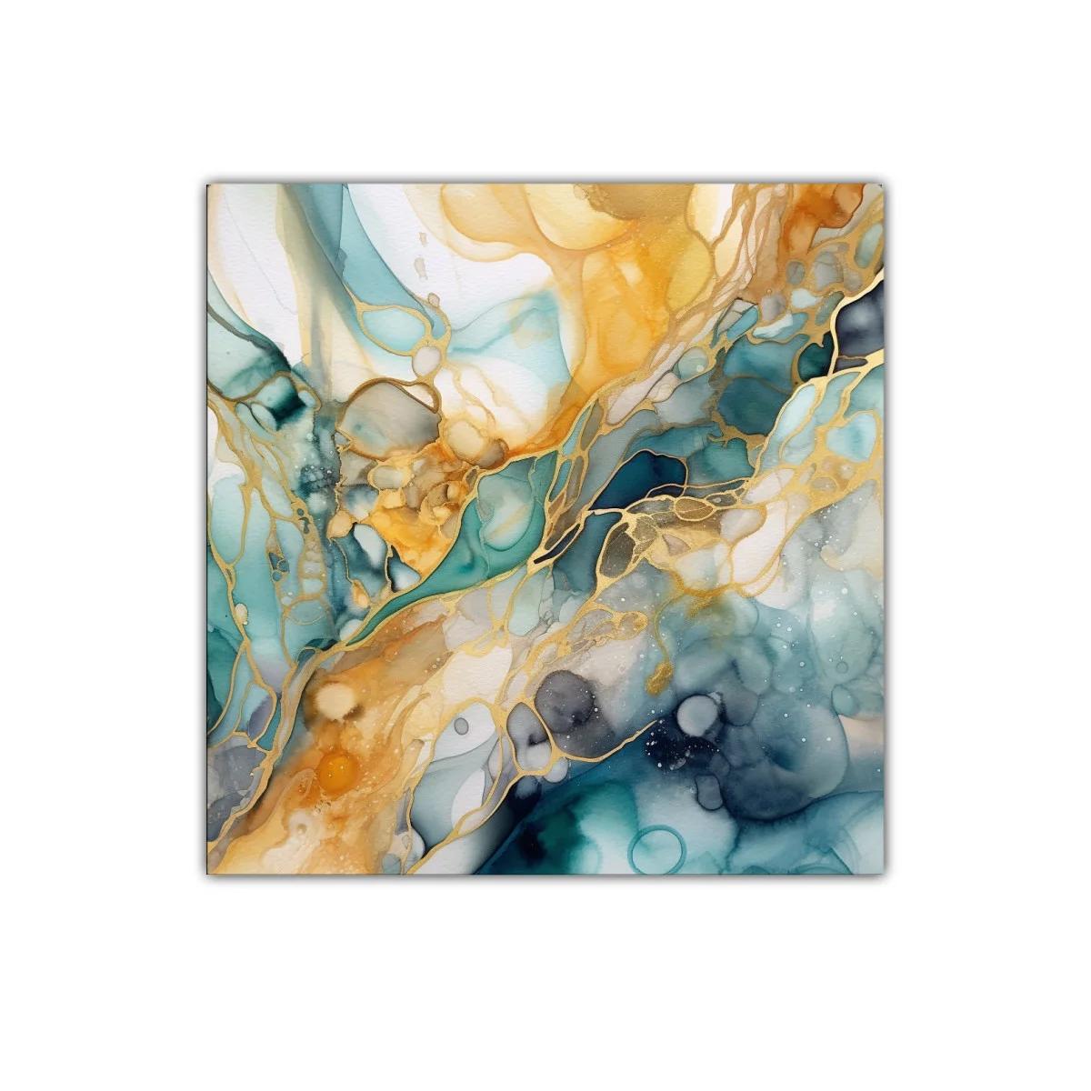 Cuadro abstracto con tonos dorados y azules intensos