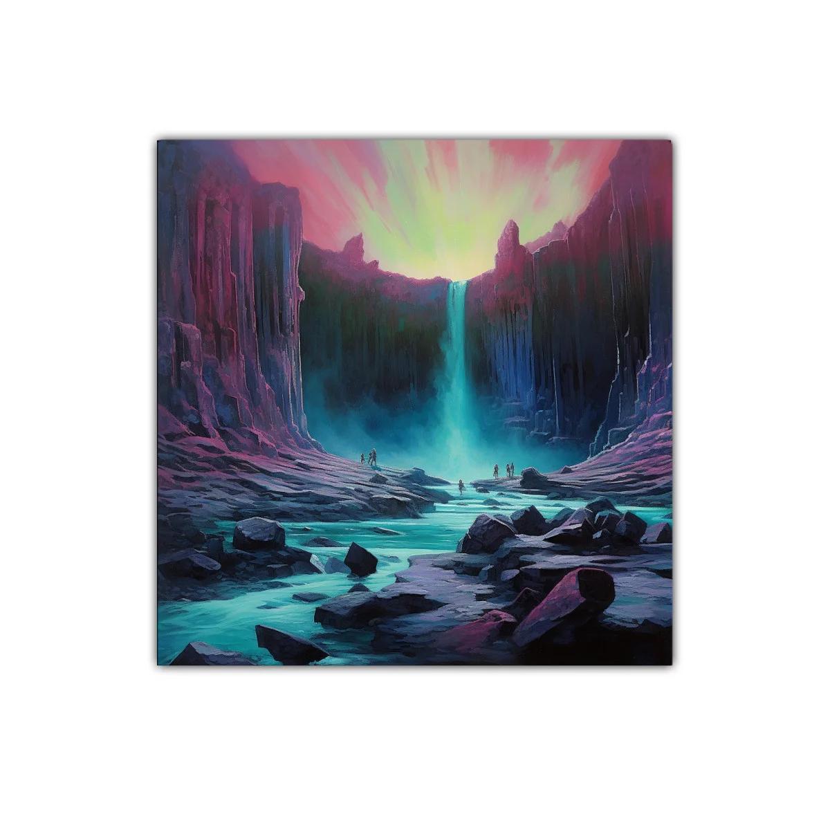 Paisaje surrealista con cascada bajo cielo vibrante