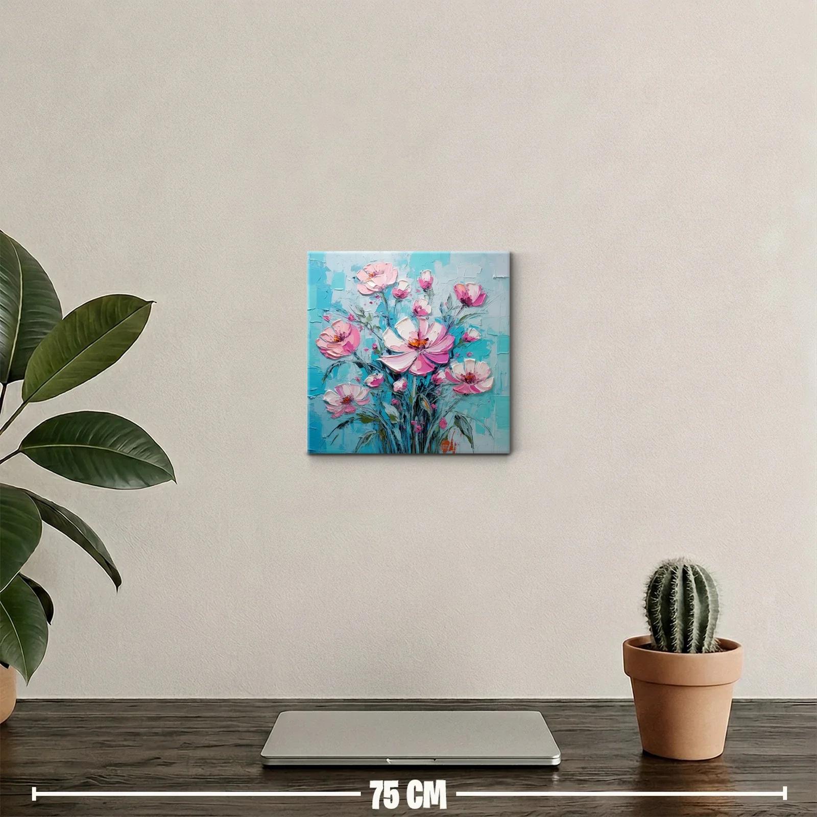 Cuadro floral con flores rosas y fondo azul vibrante — miniatura 2