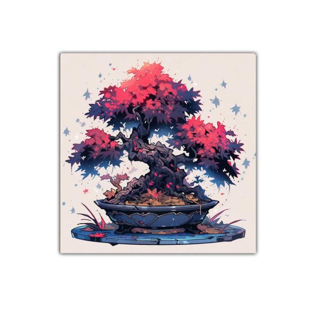 Cuadro arte bonsái vibrante con tonos rojos y azules