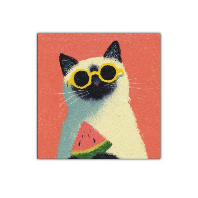 Gato con gafas amarillas y sandía colorida