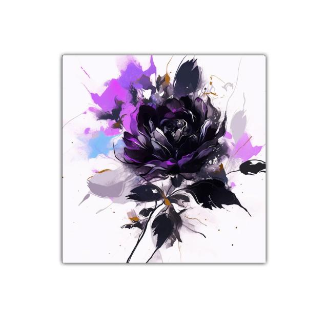 Cuadro floral con rosa en tonos morados y negros vibrantes