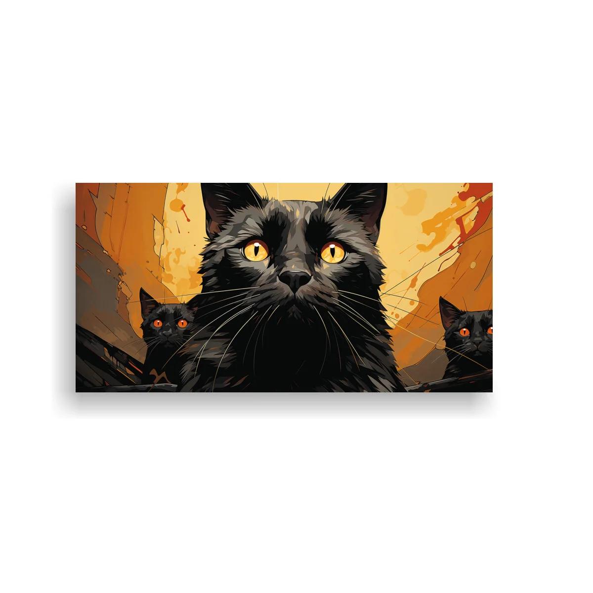 Cuadro gato negro de ojos amarillos sobre fondo cálido