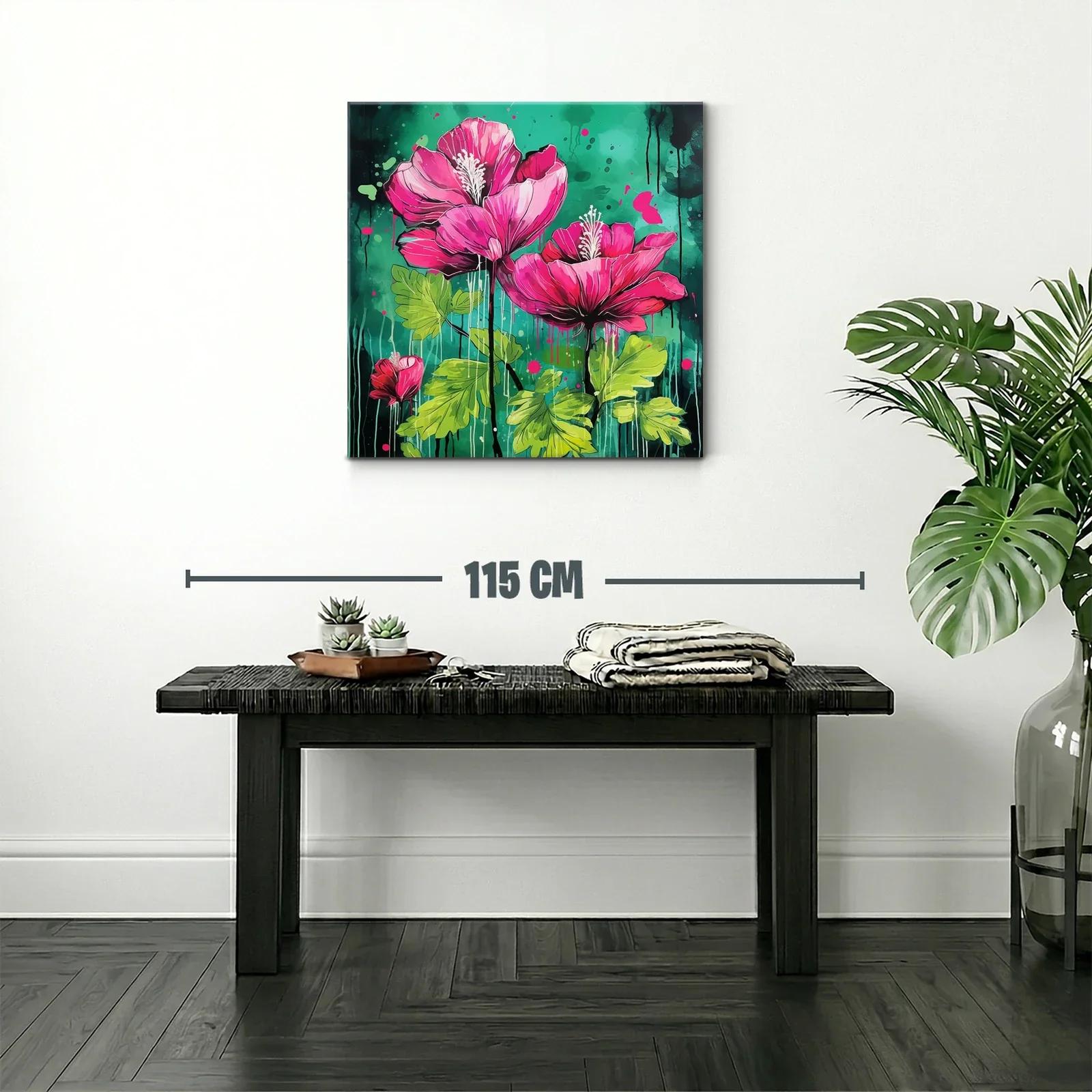 Cuadro vibrante con flores fucsias sobre fondo verde intenso — miniatura 2