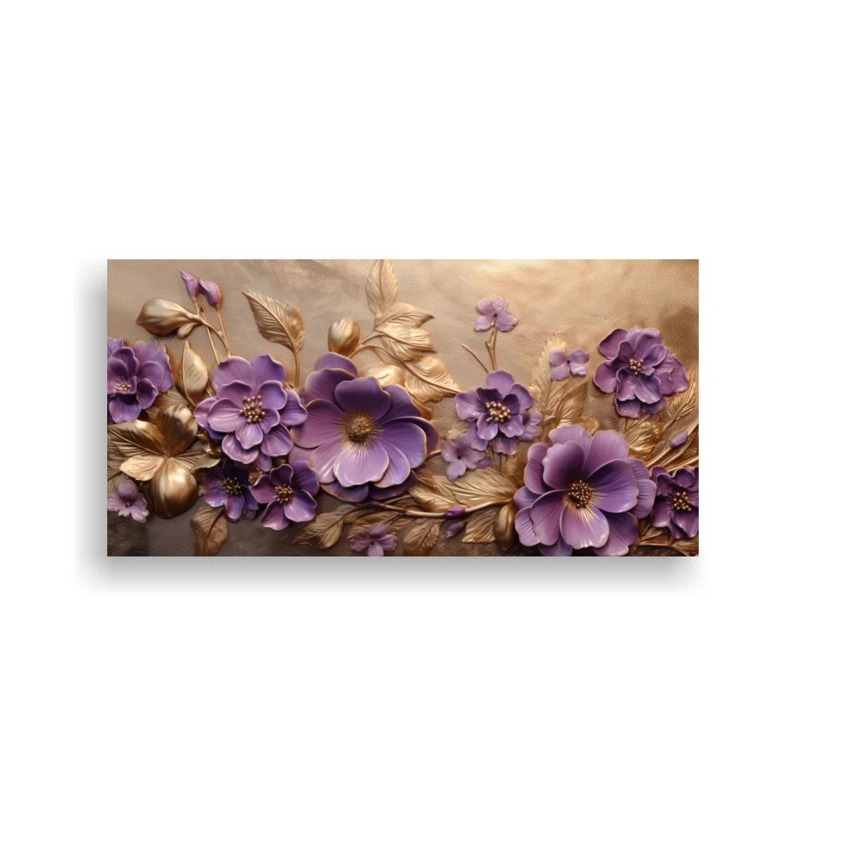 Cuadro flores moradas con hojas doradas — imagen principal
