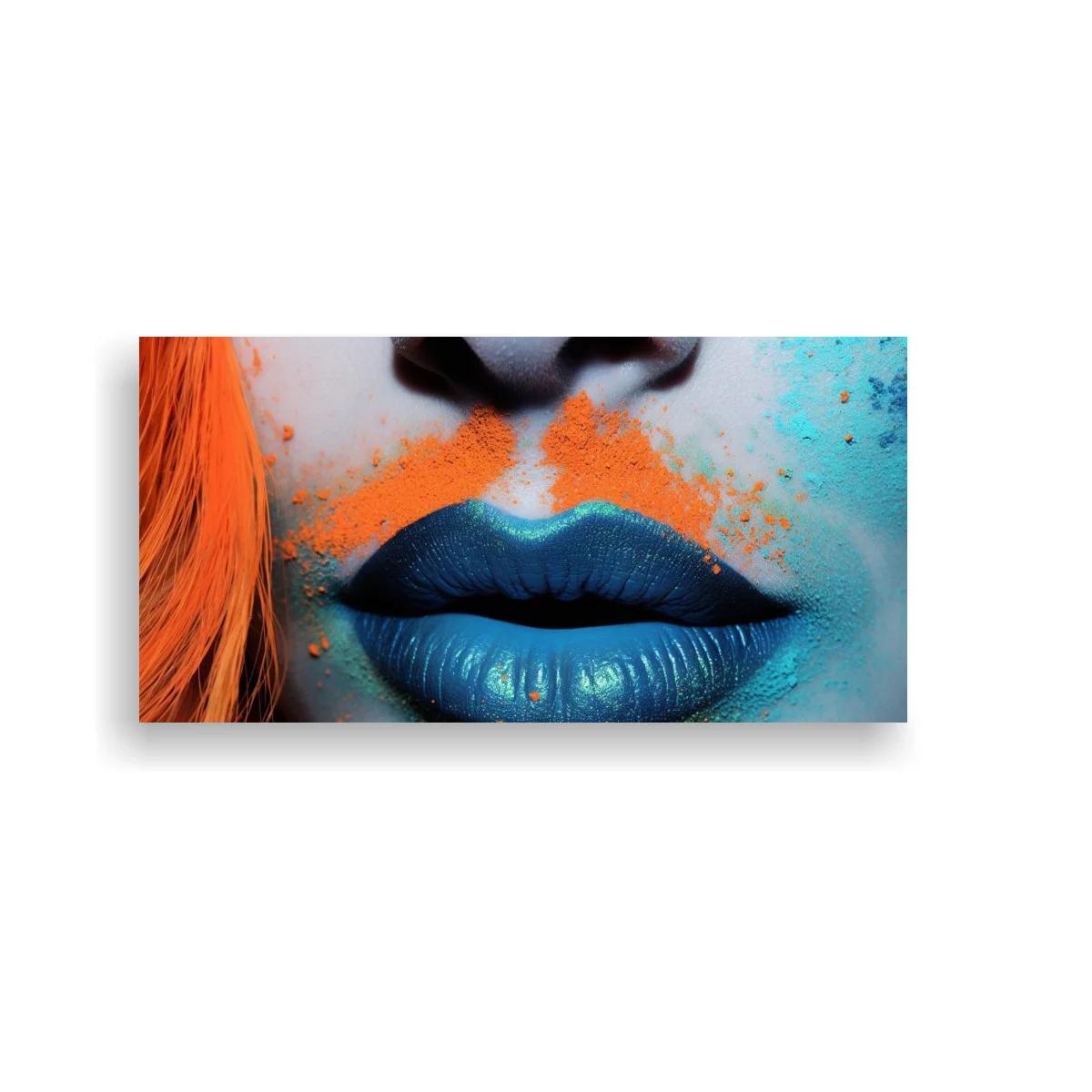 Cuadro labios azules con contraste naranja y turquesa