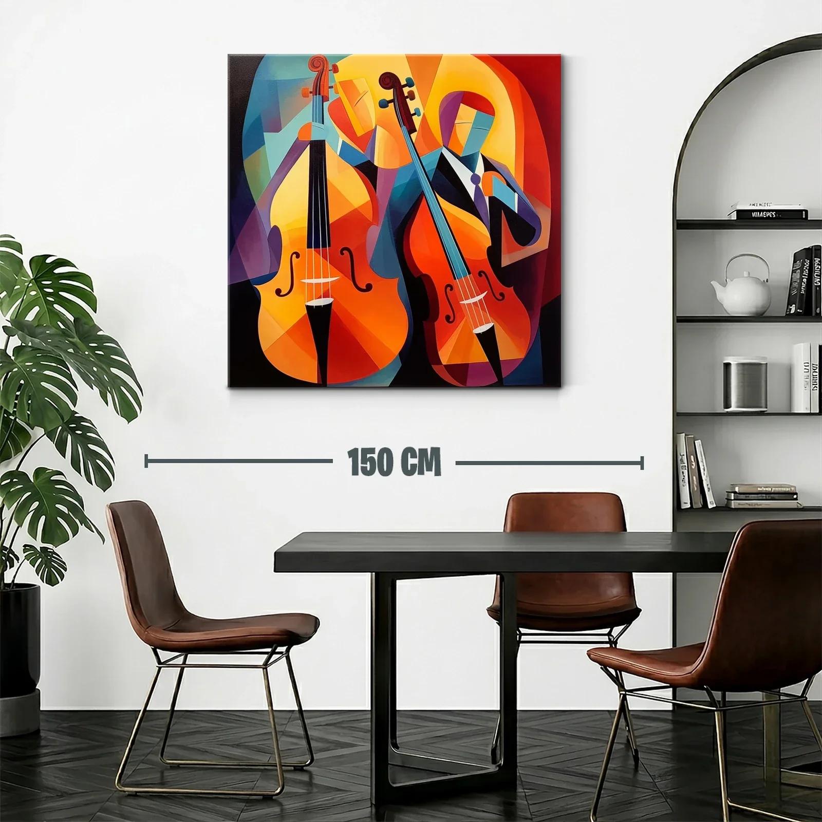 Cuadro vibrante con músicos y violonchelos en tonos cálidos — miniatura 2