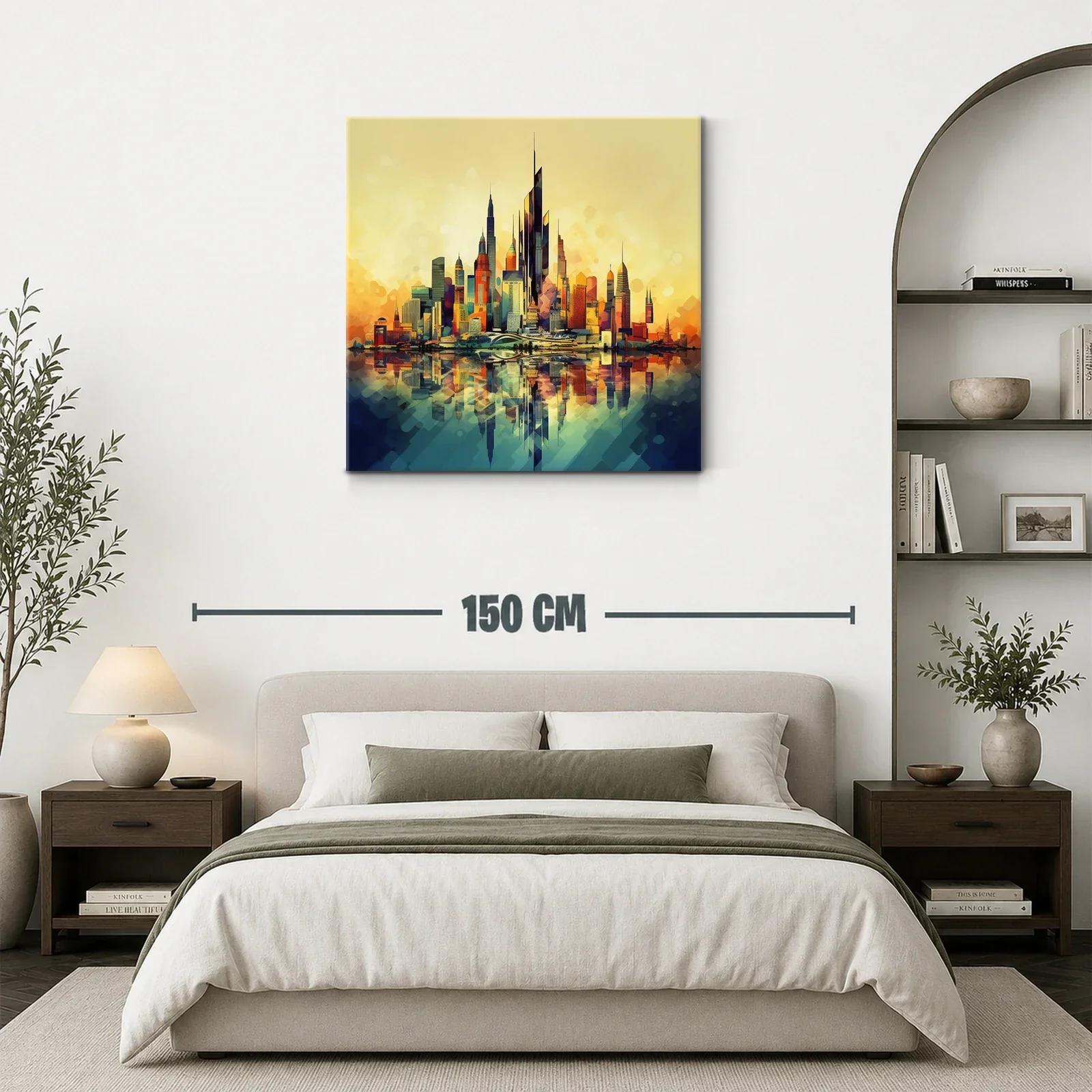 Vibrante ciudad futurista con reflejos al atardecer — miniatura 3