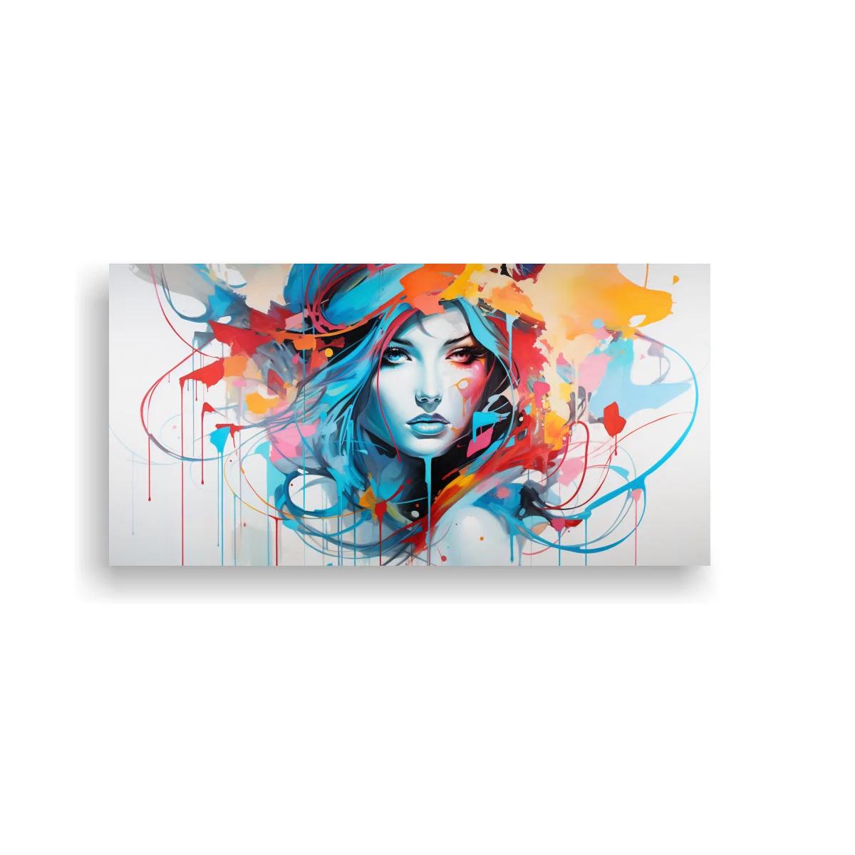 Cuadro rostro de mujer con cabello turquesa y trazos abstractos