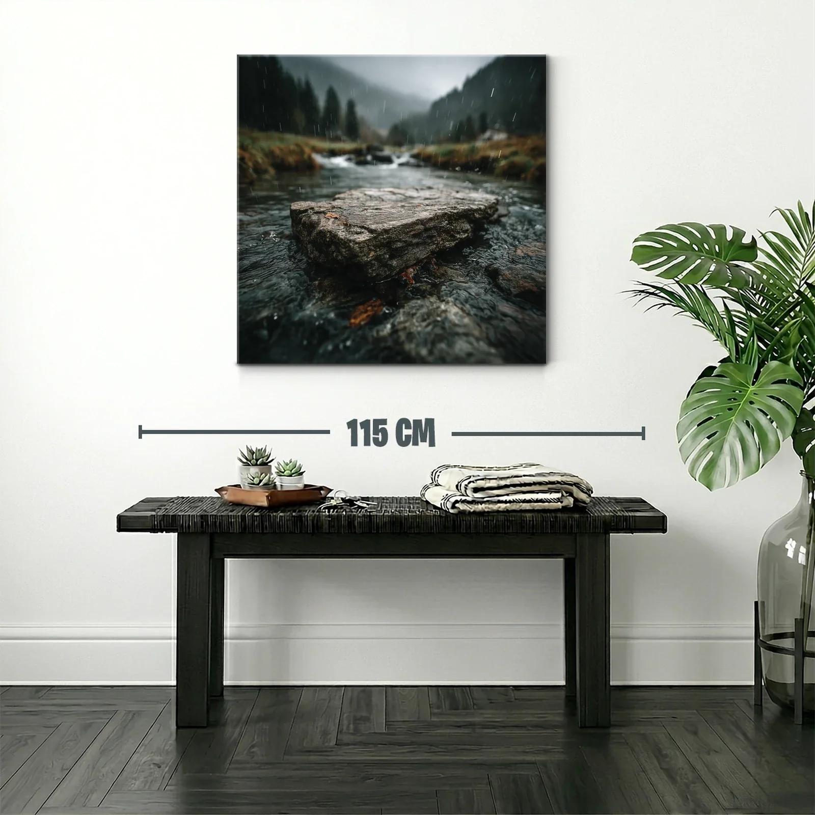 Paisaje natural con río y lluvia en tonos verdes y grises — miniatura 2