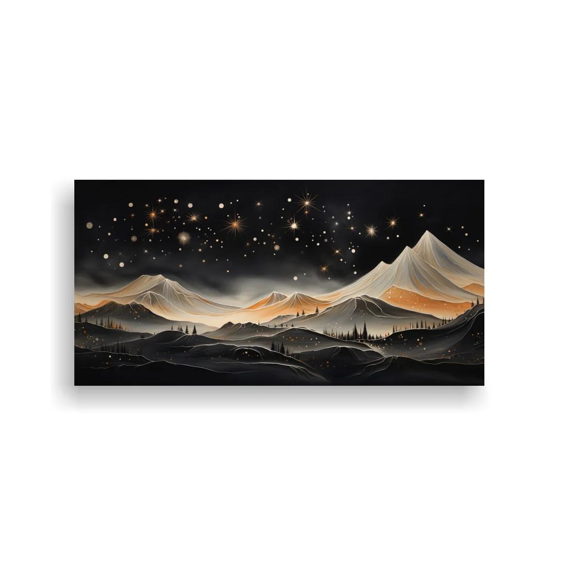 Cuadro paisaje de montañas con cielo estrellado y horizonte dorado