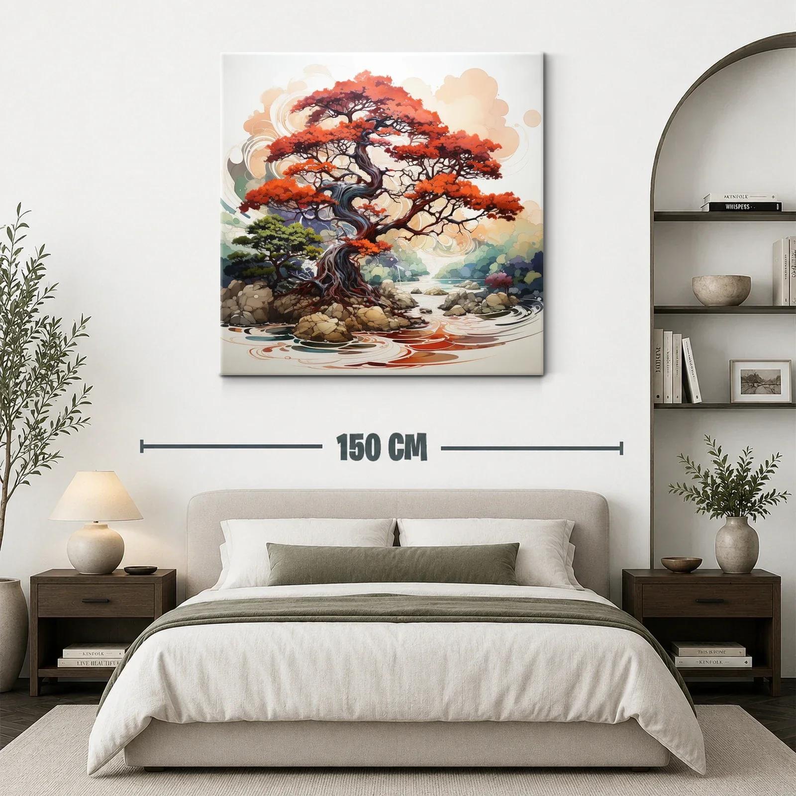 Árbol rojo sobre río con rocas y paisaje sereno — miniatura 3