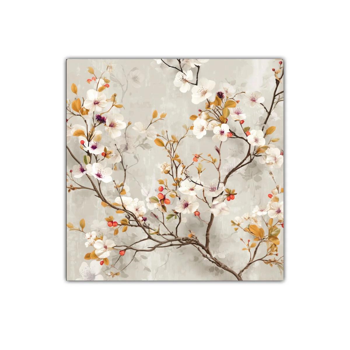 Cuadro Floral con Flores Blancas y Detalles Ocre