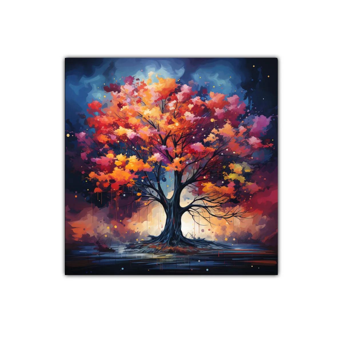 Árbol vibrante con hojas en tonos cálidos y fondo celestial