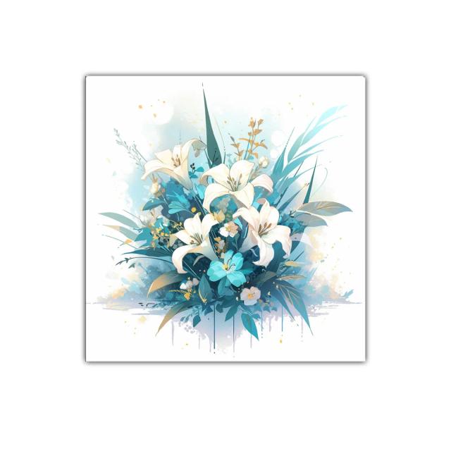 Elegante ramo de lirios blancos con toques azules y dorados