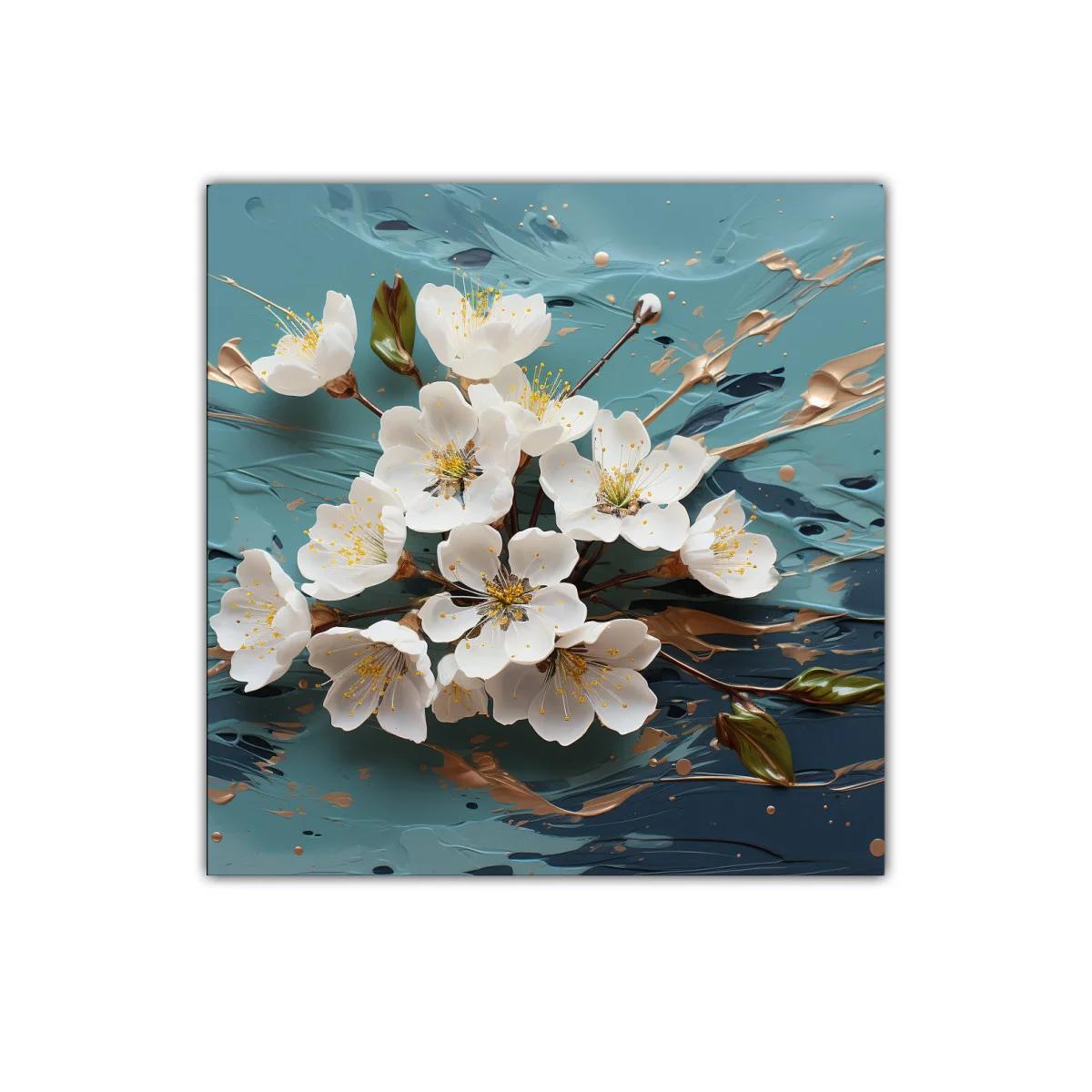 Cuadro decorativo flores blancas con fondo azul y dorado