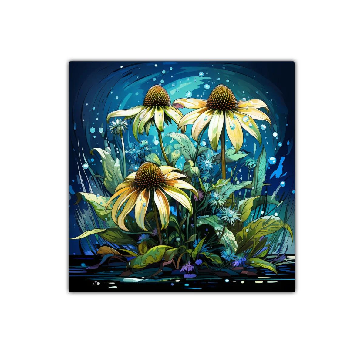 Flores luminosas en fondo azul profundo decorativo — imagen principal